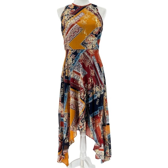Laundry By Shelli Segal Boho Gold Asymmetrical Hem Sleeveless Midi Dress Size 6 - Picture 10 of 10